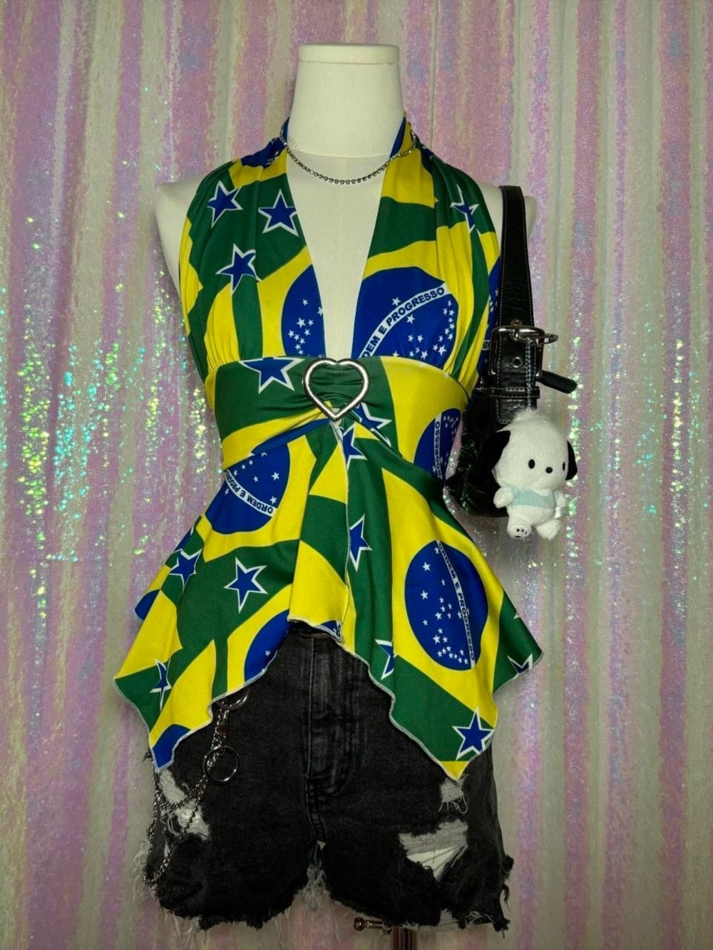 Y2K Brazilian Flag All-Over Print Flowy Wrap Halter Top ★彡